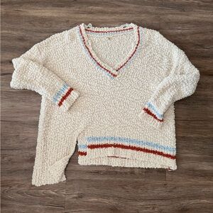 Pol Cream V-Neck Sweater with Striped Accents